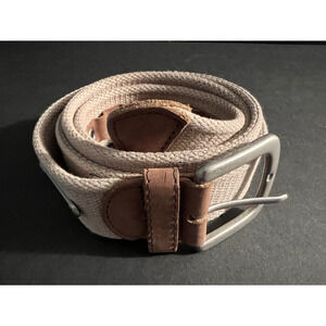 Fossil Utility Gear Brass Belt Mens 42 Beige Canvas Leather Web Grommet Casual